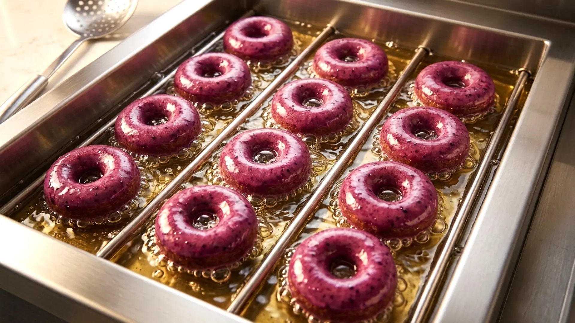 Vibrant purple Haskap Mini Donuts frying fresh in a commercial donut maker. These scratch-made treats feature farm-grown haskap berries and are sold exclusively for two days during the annual Haskap Festival on opening weekend at Strom's Farm & Bakery in Guelph, Ontario.