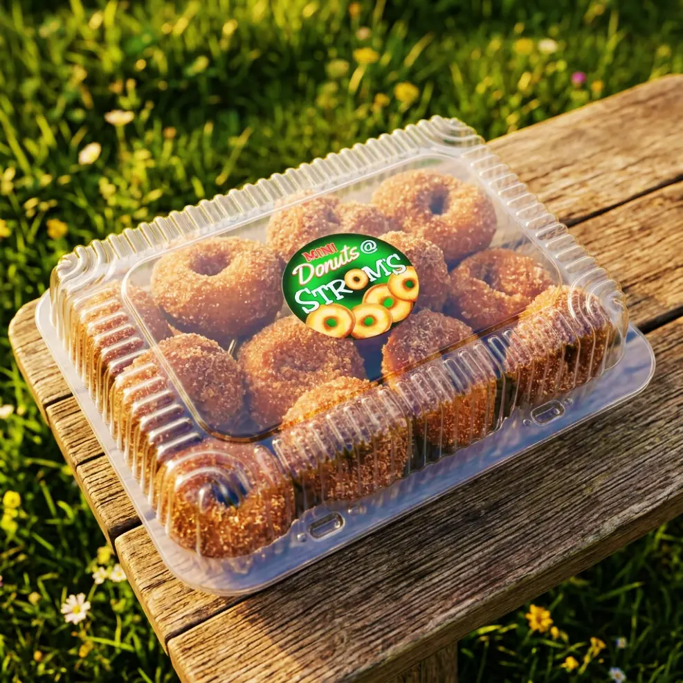 A clear plastic clamshell package containing a dozen cinnamon sugar pumpkin spice mini donuts with a green 'Mini Donuts @ STROM'S' label, resting on a rustic wooden picnic table at Strom's Farm & Bakery in Guelph, Ontario. These packaged treats are available to grab in the farm market on fall weekends and Thanksgiving Monday.