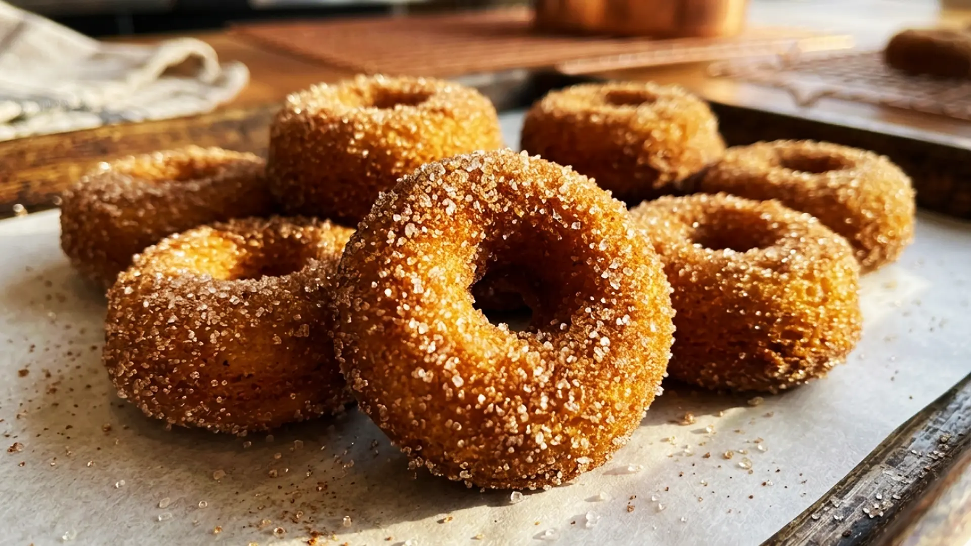 A close-up shot of freshly made, warm pumpkin spice mini donuts heavily coated in sparkling cinnamon sugar resting on parchment paper on a rustic baking tray. Baked fresh with farm-grown pumpkin puree and pressed apple cider at Strom's Farm & Bakery in Guelph, Ontario.