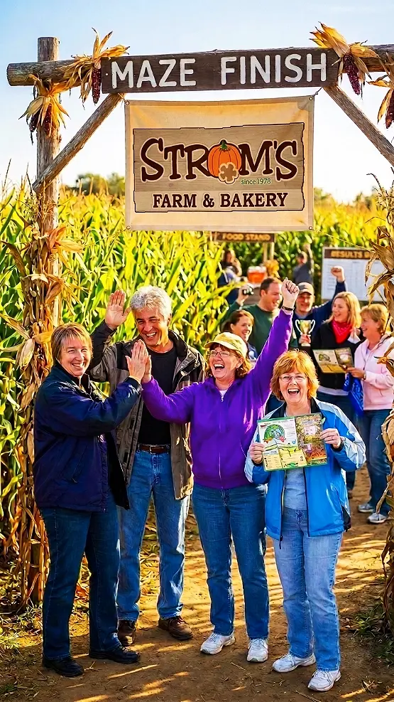 A group of coworkers smiling and high-fiving at the 5-acre corn maze finish line during a corporate team building event at Strom's Farm in Guelph.