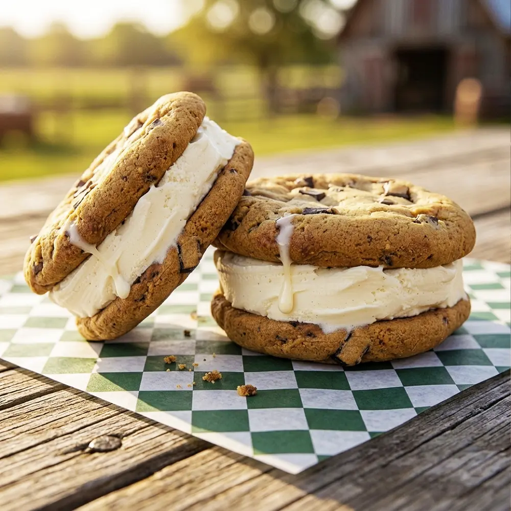 Two decadent homemade chocolate chip cookie ice cream sandwiches melting slightly on green-and-white checkered paper on a rustic wooden table at Strom's Farm & Bakery in Guelph, Ontario. These pre-made, grab-and-go treats from the bakery freezer feature thick chocolate chip cookies filled with Kawartha Dairy Vanilla Ice Cream.