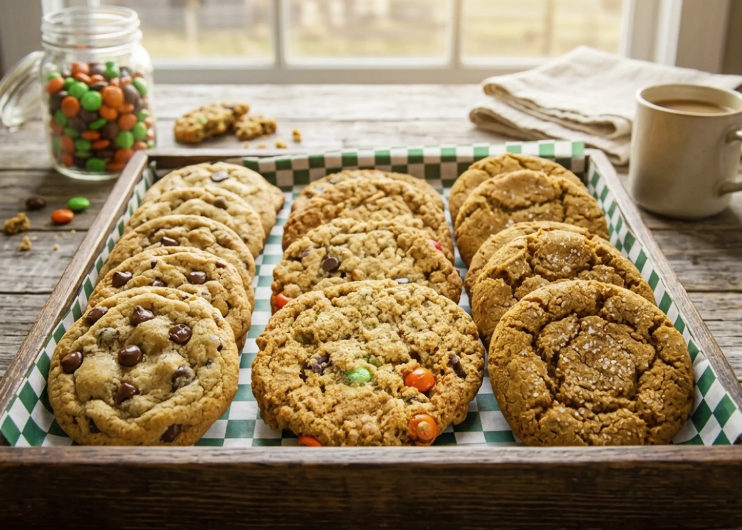 A close-up view of a rustic wooden baking tray filled with an assortment of fresh homemade cookies resting on parchment paper. The tray includes classic chocolate chip cookies, colorful peanut butter monster cookies, and soft ginger molasses cookies, baked in the sunlit kitchen at Strom's Farm & Bakery in Guelph, Ontario.