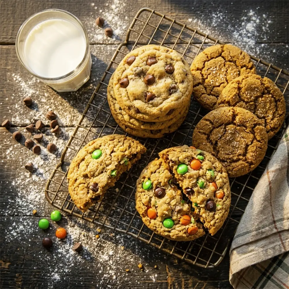 A top-down view of Strom's Farm & Bakery's signature homemade cookie flavors resting on a wire cooling rack. The fresh assortment includes classic chocolate chip cookies, soft ginger molasses cookies, and peanut butter monster cookies packed with oats and chocolate candies. A glass of milk and scattered chocolate chips sit nearby on the rustic wooden table.