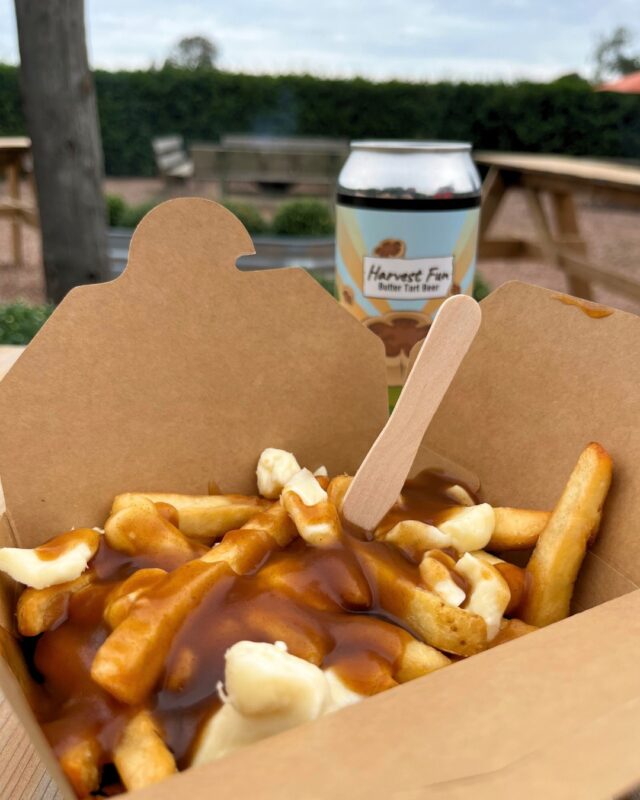 A new addition this year to Strom's Farm... poutine! 

You can grab a regular or pulled pork poutine at Eats & Embers on weekends. 

It pairs nicely with a @4fathersbrewing Butter Tart Beer! 🍻

Check out the "Food & Drink" highlight for our full food menus!
